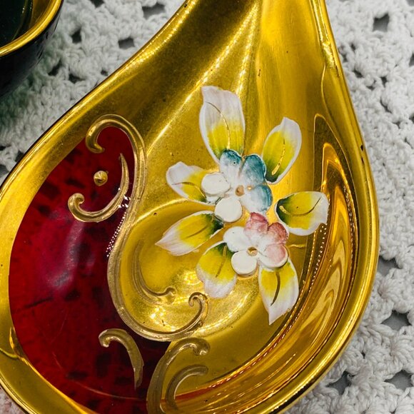 Murano Glass Trinket Dishes: Gold Gilt Painted Flowers, Set of 4 - Picture 3 of 9
